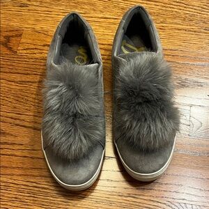 Gray Faux Fur Pom-Pom Slip-on Shoes